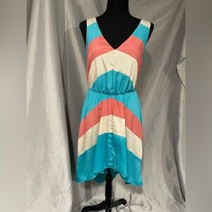 Margo & Sebastian Asymmetrical Chevron Dress in Blue, Pink, and Cream